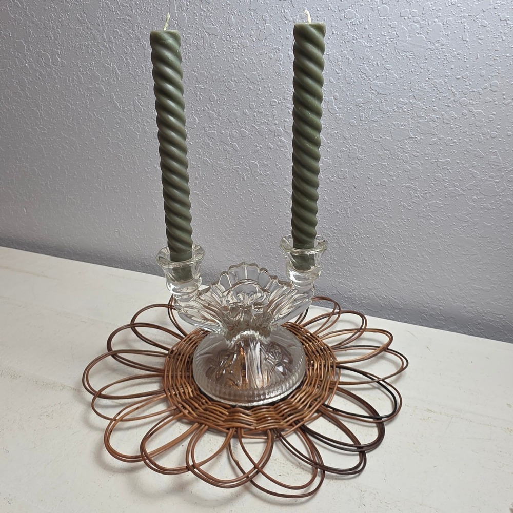 Jeannette Glass Co Depression Glass Double Candlestick Holder Iris & Herringbone